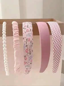 5-Pack Floral Headbands for Women, Plaid Pearl Hair Hoops, Spring Style, Wide Brim Design, Perfect Gift for Her, Ideal for Valentine's Day, Headband Set