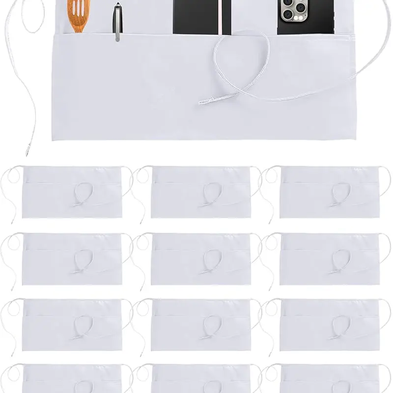12-Pack Plain White Heavy-Duty Polyester Adjustable Waist Durable Workwear Aprons with 3 Pockets, Craft-Table Ready, Fade-Resistant, Wash-and-Reuse, All Seasons, One Size Fits All for Kitchen/BBQ, Bistro