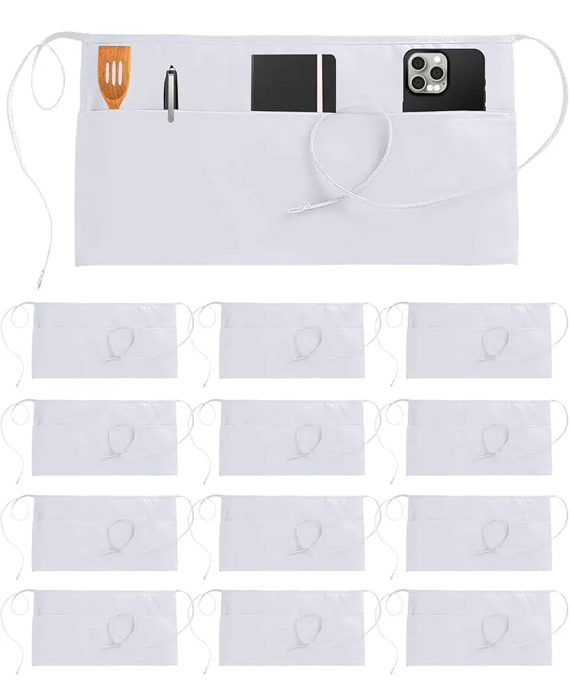 12 Pack White Waist Apron for Waiter & Waitress with 3 Pockets