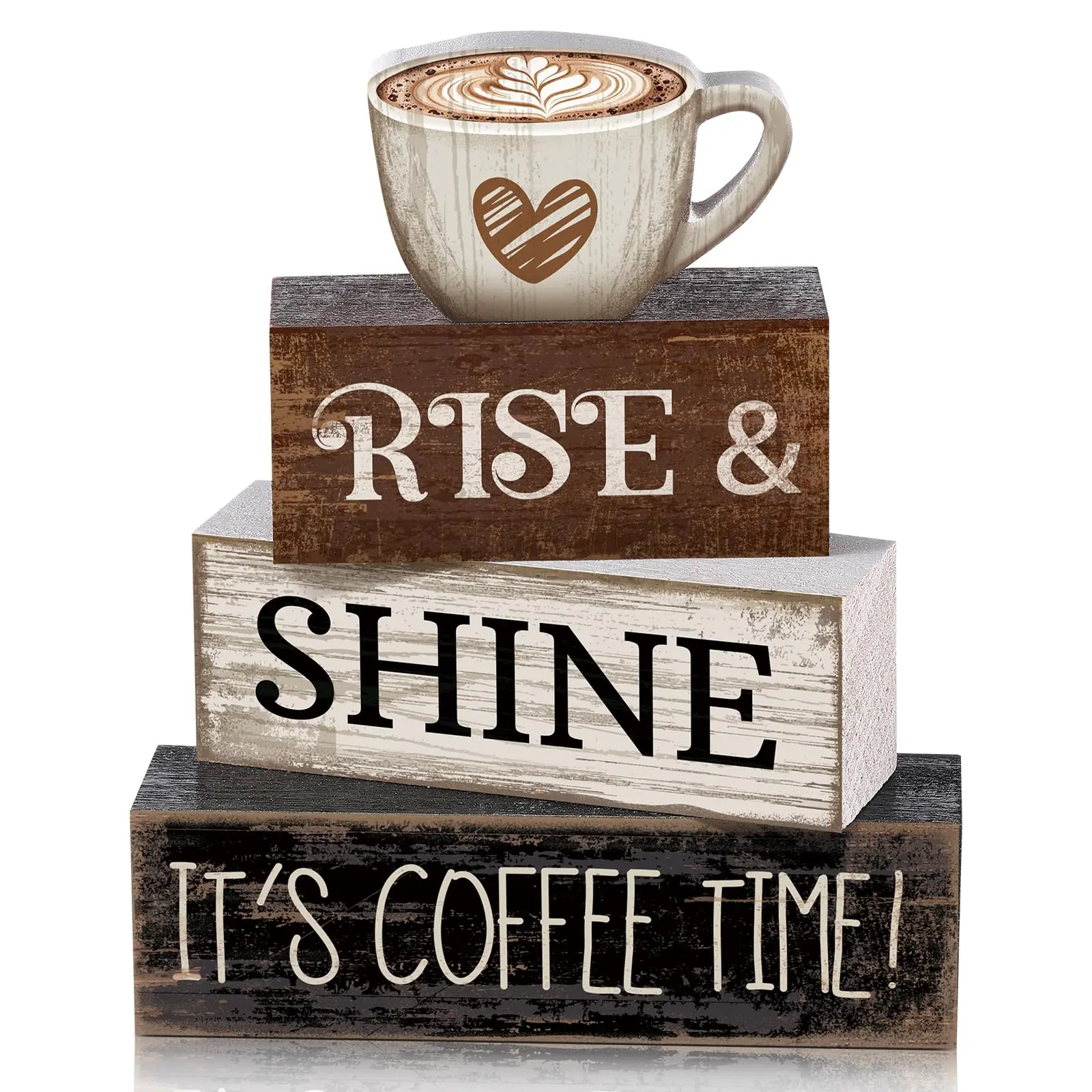 Rustic 4-Piece Casual Vintage Wood Set - Wooden Coffee Bar Cups, "Wake up-coffee time!" Café Sign, Farmhouse Plaque, Home Kitchen Décor Gift
