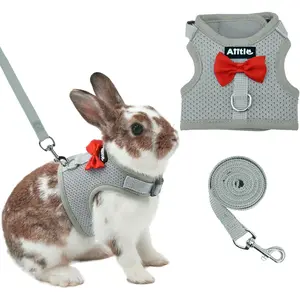 Rabbit Harness and Leash Set with Cute Bow, Soft Breathable Mesh Vest Harness for Rabbits Kitten Ferret Puppy Small Pets Walking Supplies Grey S