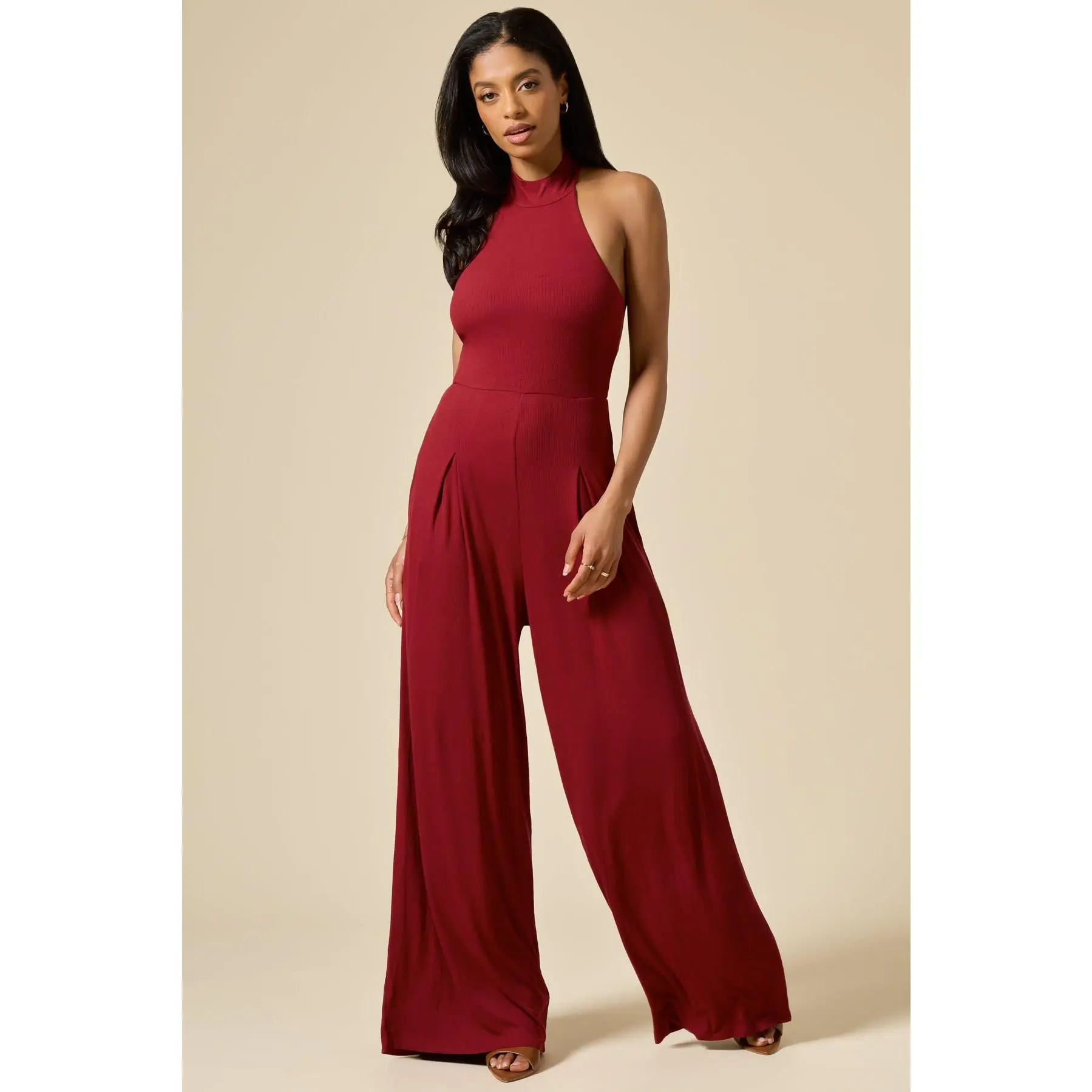 Mockneck Go With The Flow Jumpsuit - Deep Cherry