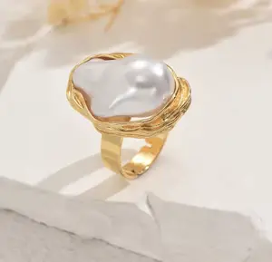 R414- Stainless Steel Gold Color Ring With Blue Baroque Pearl!
