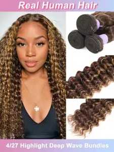 Curly Hair Honey Blonde Highlight 4/27 Human Hair Bundles Brazilian Deep Wave Bundles Human Hair 32 Inch Virgin Hair Weave 3PC Bundles Ombre Wavy 4/27 Colored For Women Human Hair