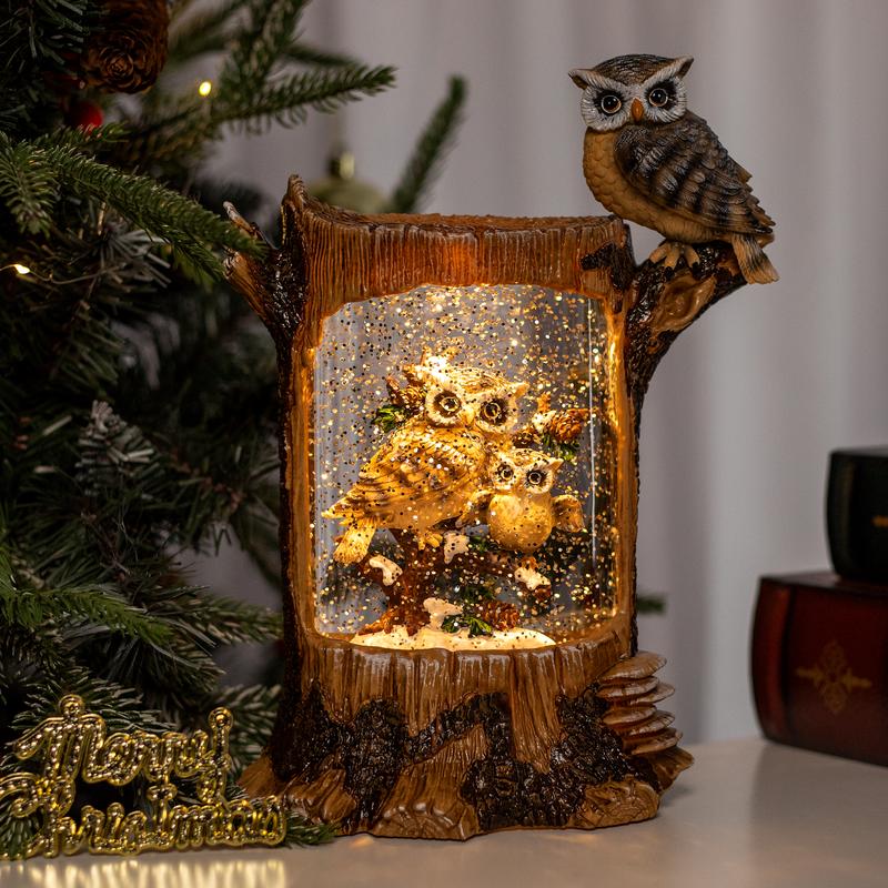 Christmas Owl Family Snow Globe, Musical Glittering Christmas Snow Globes Lantern with Timer, Large Owl Collectible Figurines Christmas Holiday Home Decor Battery Operated USB Powered