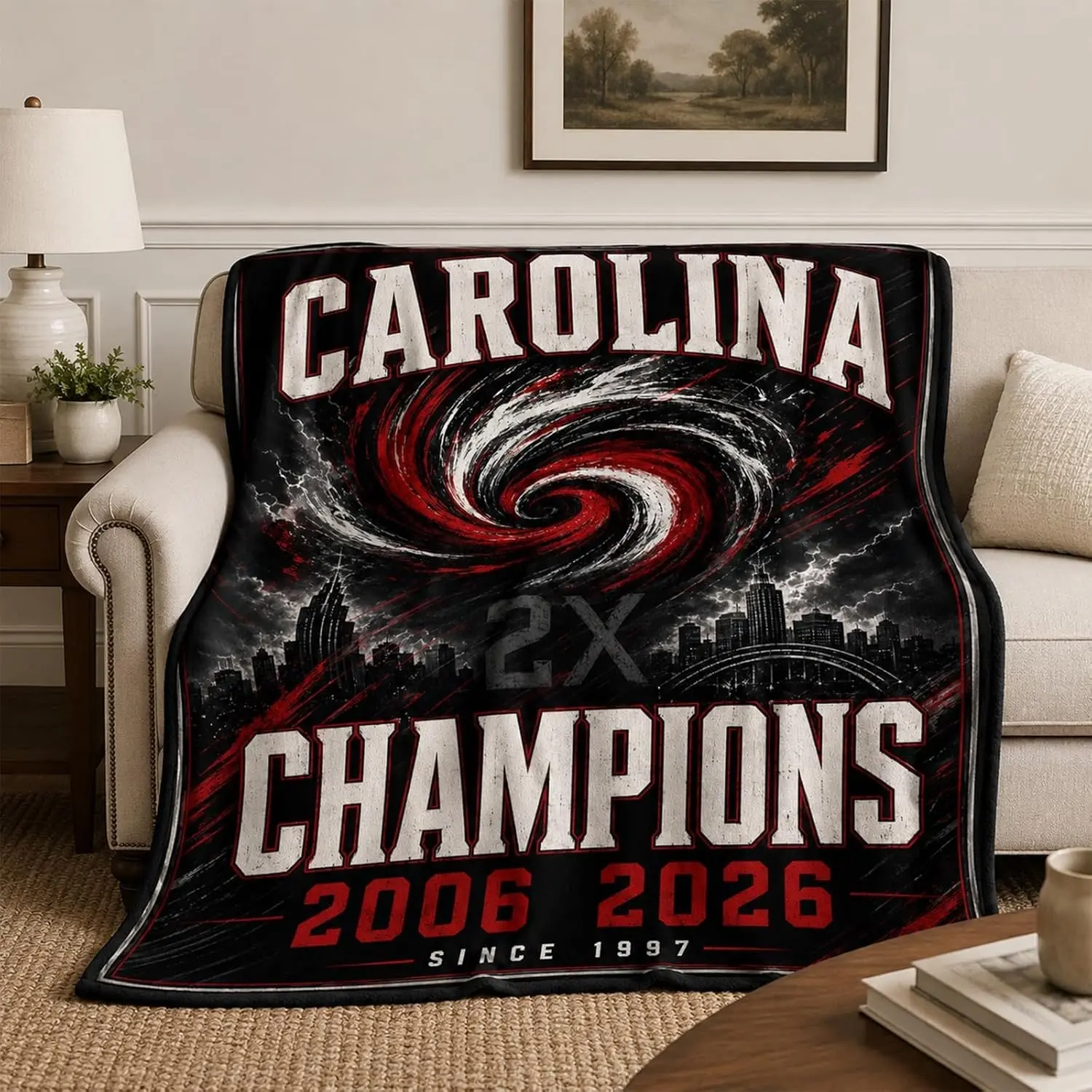 Carolina Hockey Fleece Throw Blanket, City Skyline Design, 2026 Champ Gifts, Lightweight Soft Breathable for Couch Bedroom, Home Office Game Day Decor
