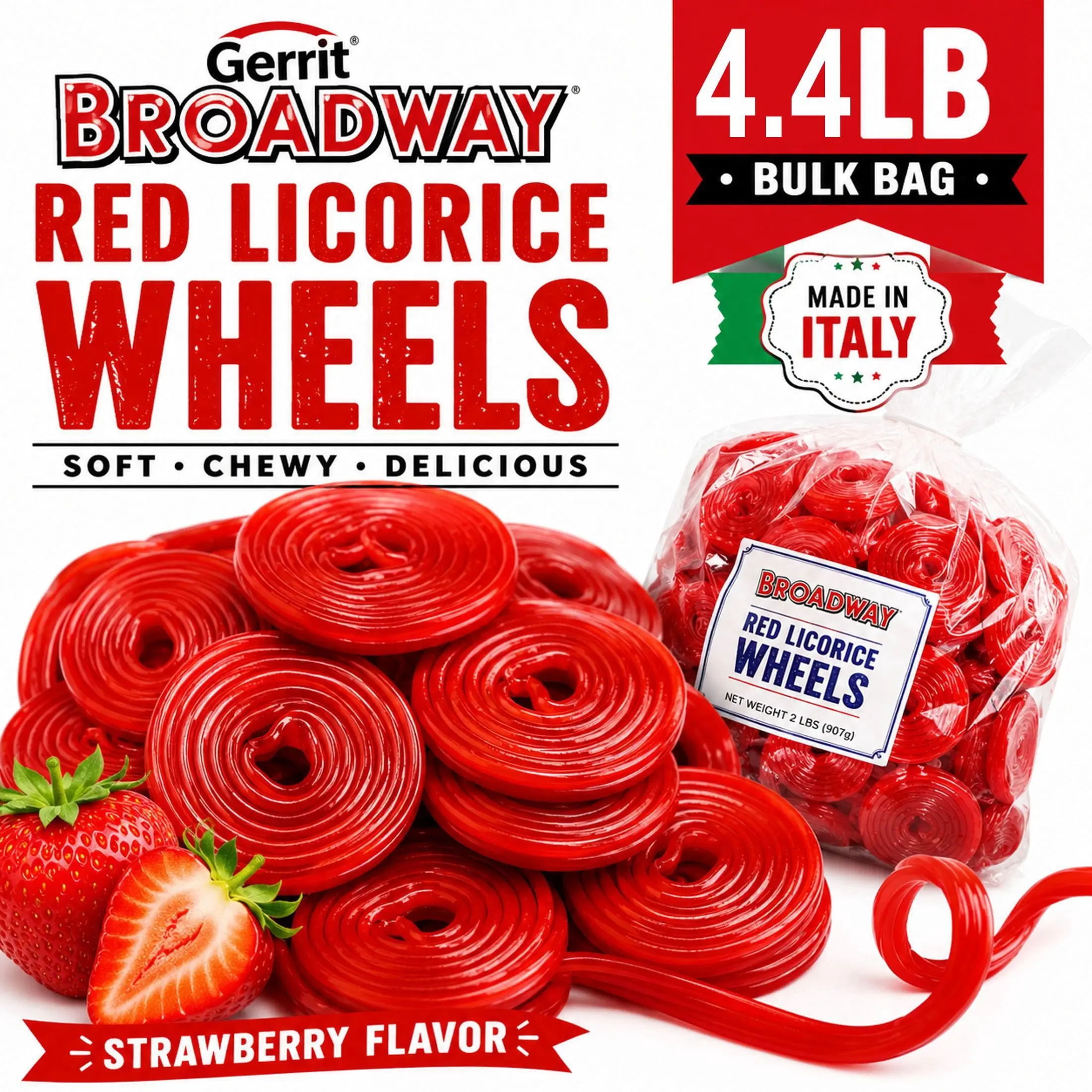 Gerrit J Verburg Strawberry Licorice Wheels Soft Chewy Candy 4.4 lb Bag