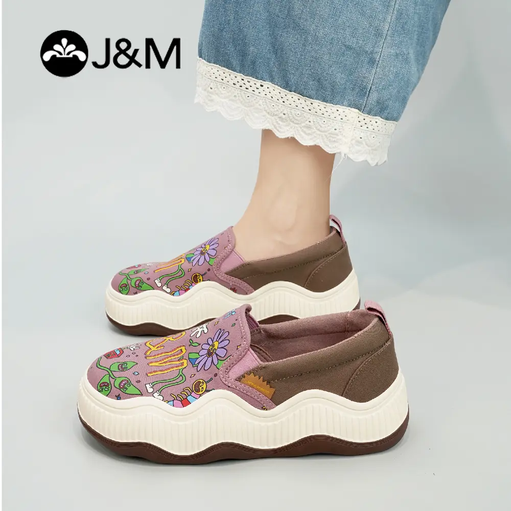 JOY&MARIO Women's Cute Floral Graffiti Slip-On Platform Sneakers, Breathable Canvas Fabric Footwear with a Thick Wavy Sole for Walking and Everyday Wear, Platform Loafers, Loafers Shoes, Rubber Slip Ons, Casual, Elegant, Chic, Cloth