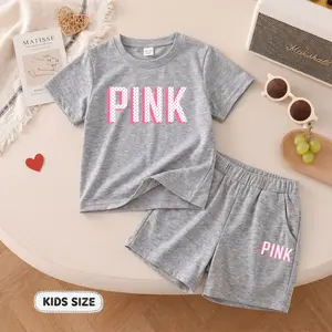 Girls’ Polka-Dot Letter Printed Design Short Sleeve T-Shirt And Shorts Set, Casual Kids Summer Outfit, Comfortable Crew Neck Clothing Set For Daily Wear And Outdoor Play