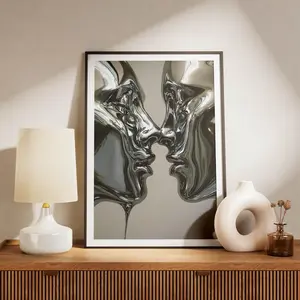 Surreal Metallic Face Poster, Abstract Chrome Couple Wall Art, Modern Futuristic Decor, Liquid Aesthetic Print