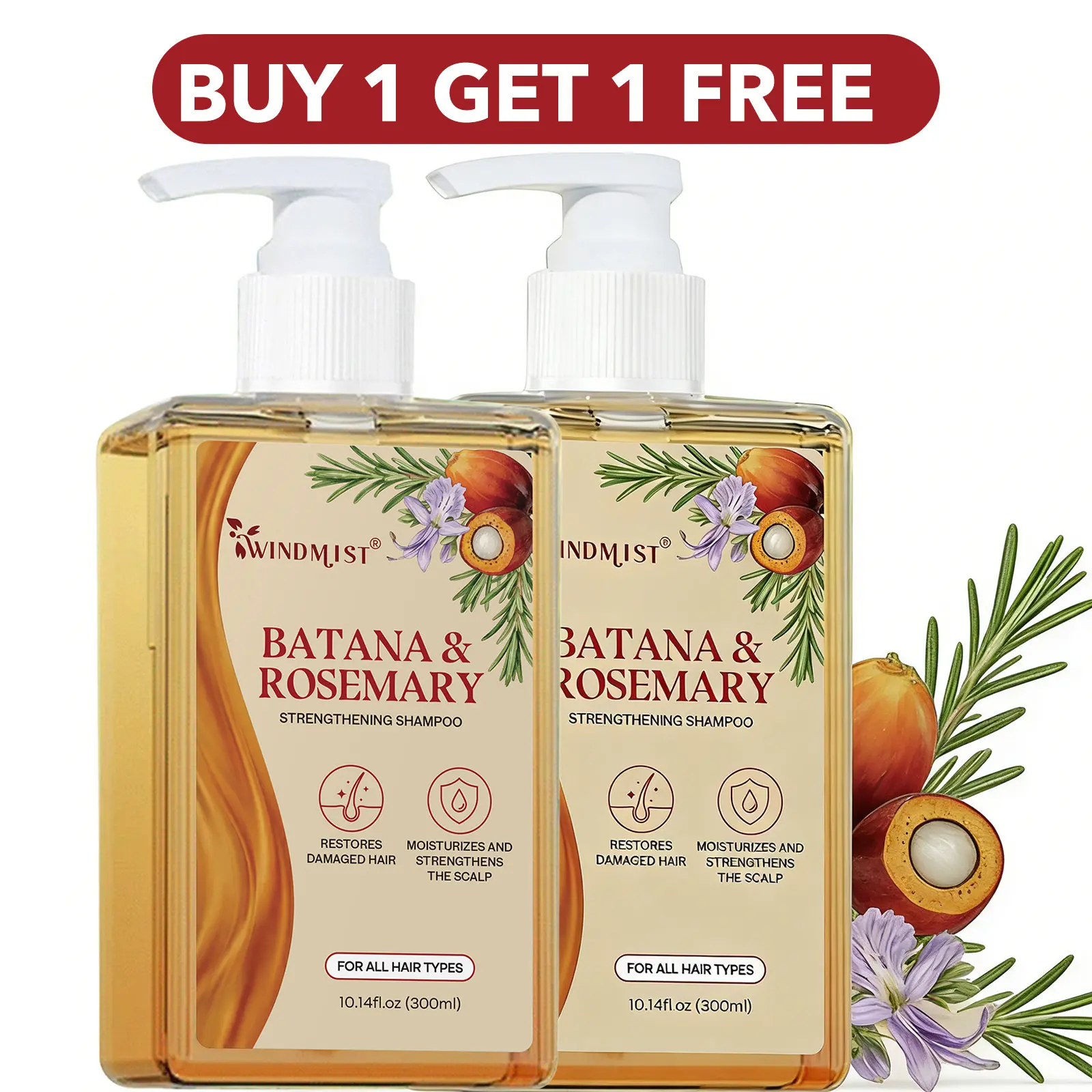 [BUY 1 GET 1 FREE]Batana Oil & Rosemary Shampoo 300ml/10.14fl.oz Nourishing Volumizing for Men Women Reduces Hair Loss Repairs Damage Boosts Growth Gentle Daily Haircare Cleanser