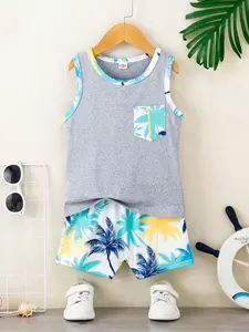 Boys' Sleeveless Vest Shorts Set, Casual Tropical Print, Breathable Design, Pocket Decor, Elastic Waist, Summer Outdoor Wear