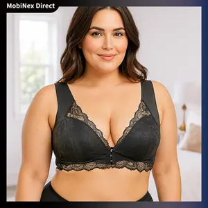 Plus Size Wire Free Unlined Bra Unpadded Wide Elastic Shoulder Straps, Deep V-Neck, U-Shaped Back Full Coverage, Breathable & Sexy with Front Closure