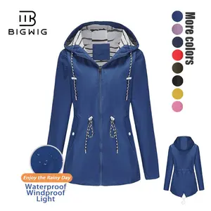 BIGWIG Women's Lightweight High-Quality Hooded Raincoat, Waterproof and Windproof Jacket, Hooded Design, Solid Color Hooded Jacket, Drawstring Waist, Outdoor Coat, Suitable for Rainy Days and Travel, Sports Raincoat, Hooded Striped Sports Jacket