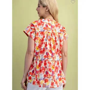 Gigio Red Mix Color V Neck Pleated Top - High-Quality Fabric with Flattering Design & Depth-Adding Pleats