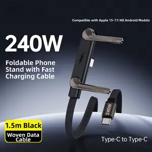 Invisible Holder Charger Cable with Stand, 240w super fast charging 2-in-1 Fast Charging Cord & Phone Stand for Gaming, Office, Car Travel, Compatible with iPhone Samsung Type-C charging cable Black