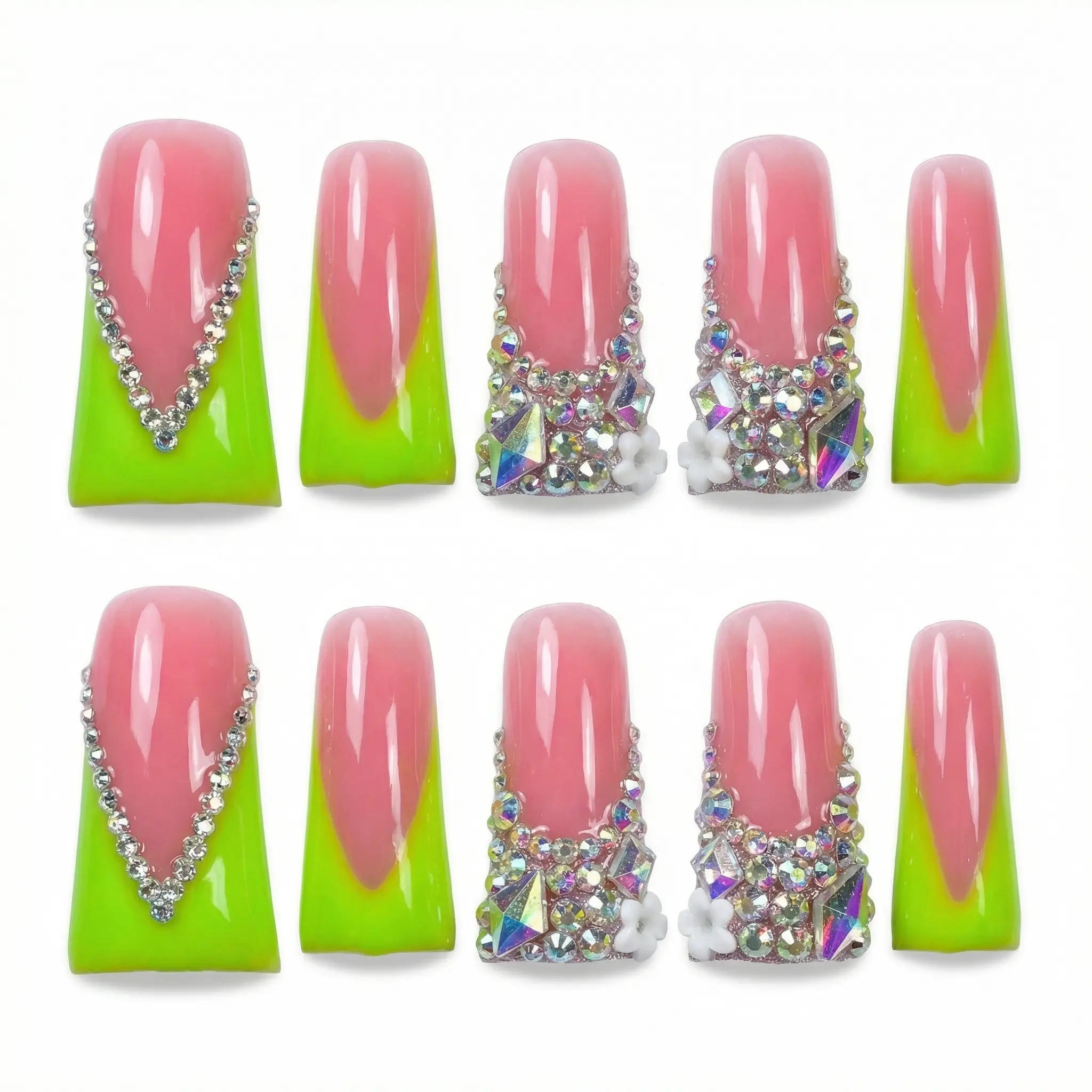 Long DuckBill Couture Drop Collection Handmade Acrylic Press On Nails - 10PCS Reusable Salon Grade Relief Sculpture 3D Flower Rhinestone Luxury Manicure #CoutureNails #DropCollection #HandmadePressOnNails #3DFlowerNails #RhinestoneNails #SalonQualityNails