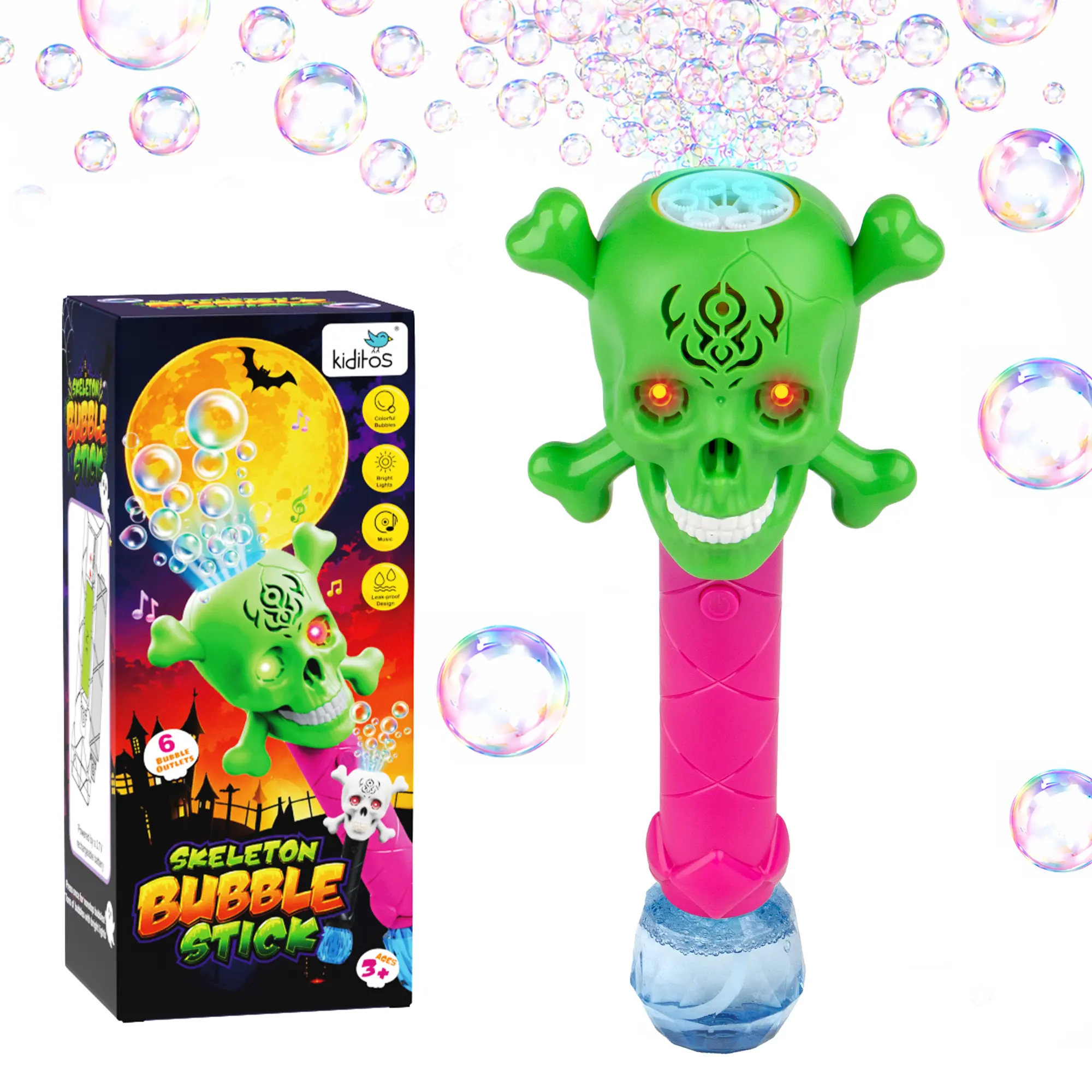 Kiditos Skull Bubble Wand for Kids, Light Up Bubble Machine with Music, Automatic Bubble Blower Toy, Outdoor Party Fun, Birthday Gift, Summer Play & Halloween Favor for Kids Ages 3+