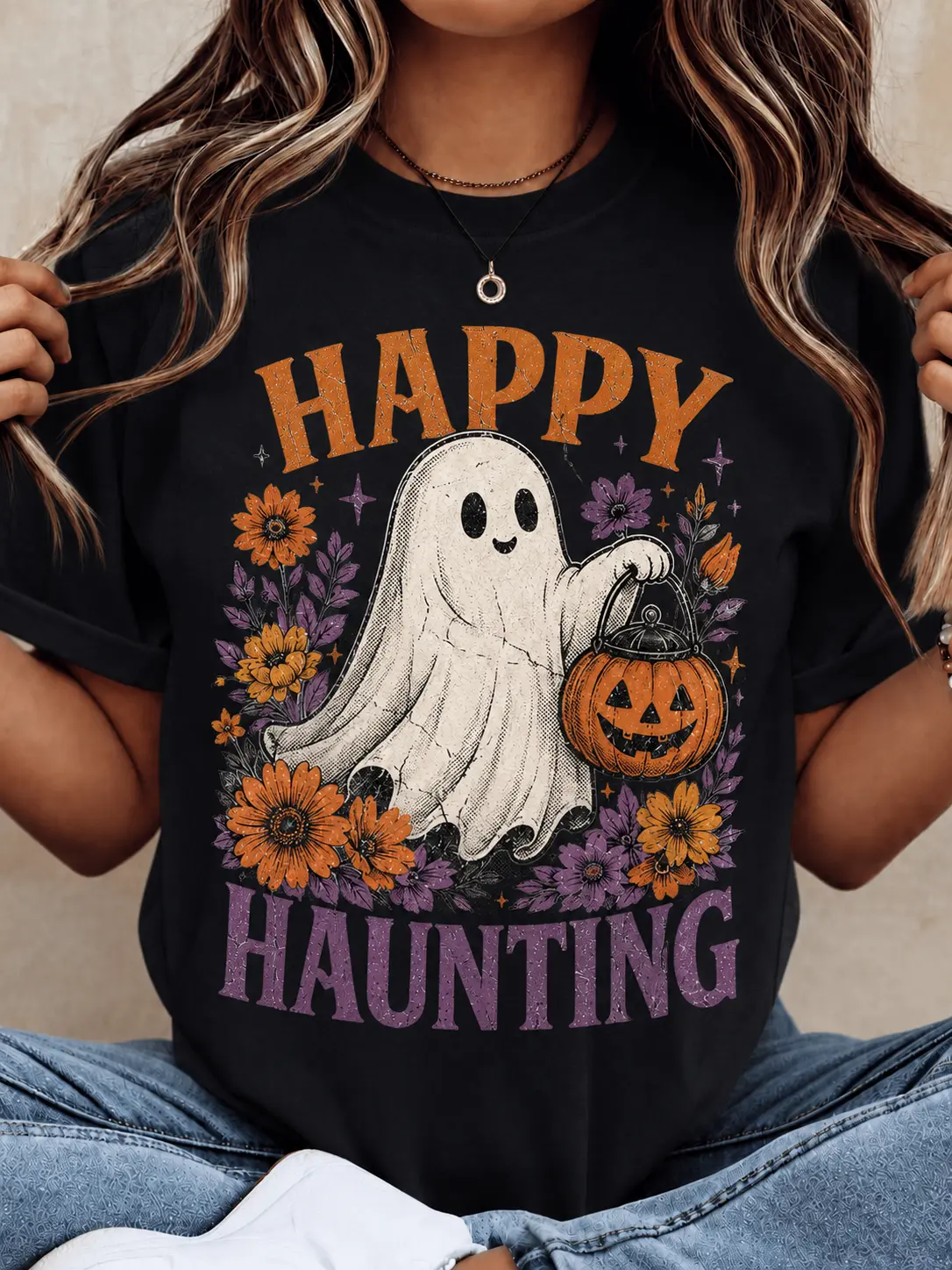 Women's Halloween T-Shirt, Casual Short Sleeve Graphic Top with Happy Haunting Ghost and Pumpkin Print for Parties, Graphics, Shortsleeve, Tops, Lady