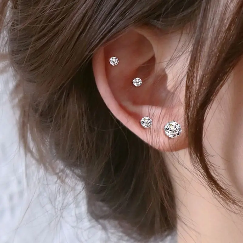 3 Pairs 18K Gold Plated Women's Stud Earrings Hypoallergenic Cubic Zirconia Earring Set 0.3cm 0.4cm 0.5cm Ear Studs Elegant Gift