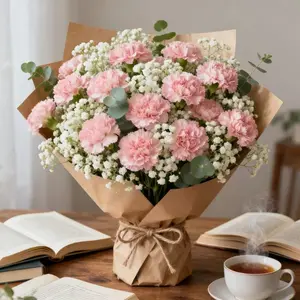 25-Piece Artificial Flower Arrangement, with Carnations & Baby's Breath, Decorative Flowers, Perfect for Home Decor, Wedding Decoration, Gift Giving