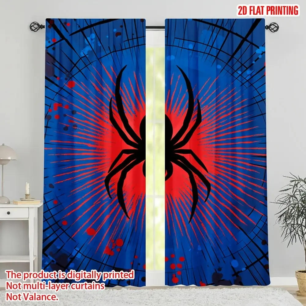 [Halloween] 2D Flat, 2D Flat 2pcs Printed Decorative Curtains Window Drapes, Home Decorative Curtain, Halloween Spider Web Pattern Art with Easy Pocket Rod Installation for Kitchen Bathroom Living Room Bedroom Study, Home Decoration Curtain, 2D Flat