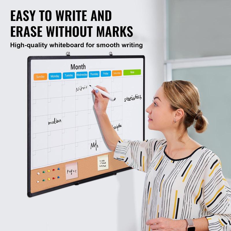 VEVOR 36"x 24" Monthly Calendar Whiteboard & Cork Board Combo with Aluminum Frame – 2-in-1 Magnetic Dry Erase Bulletin Board for Wall Mount – Ideal for School,  , Home, Office