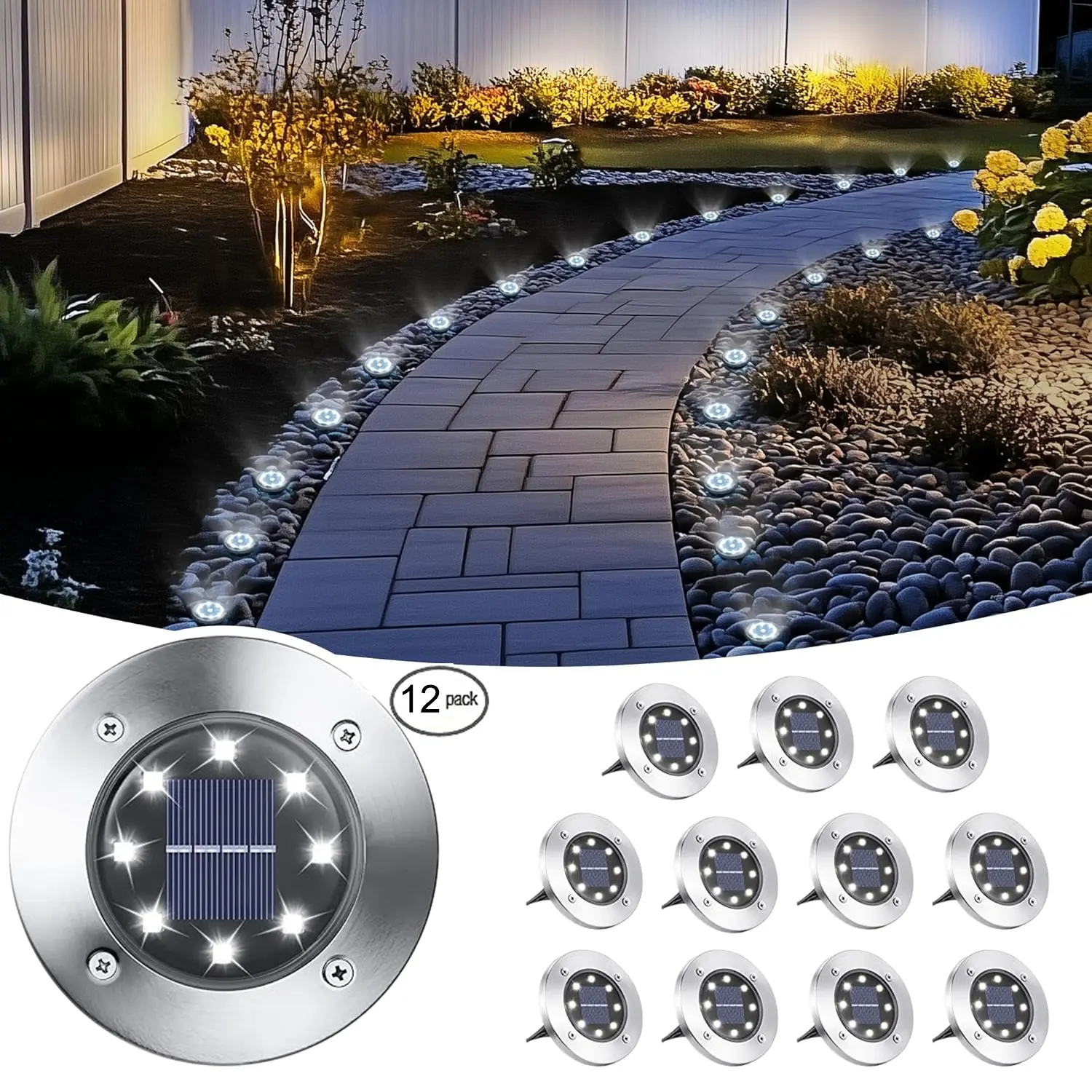 Solar Ground Lights (4/8/12/24-Pcs 8-LED Solar Garden Lights Set), Auto Night Mode, Steel Shell, Waterproof Outdoor In-Ground Pathway Fixtures for Yard/Driveway, Warm or White Glow, 8/12/24 Light Set