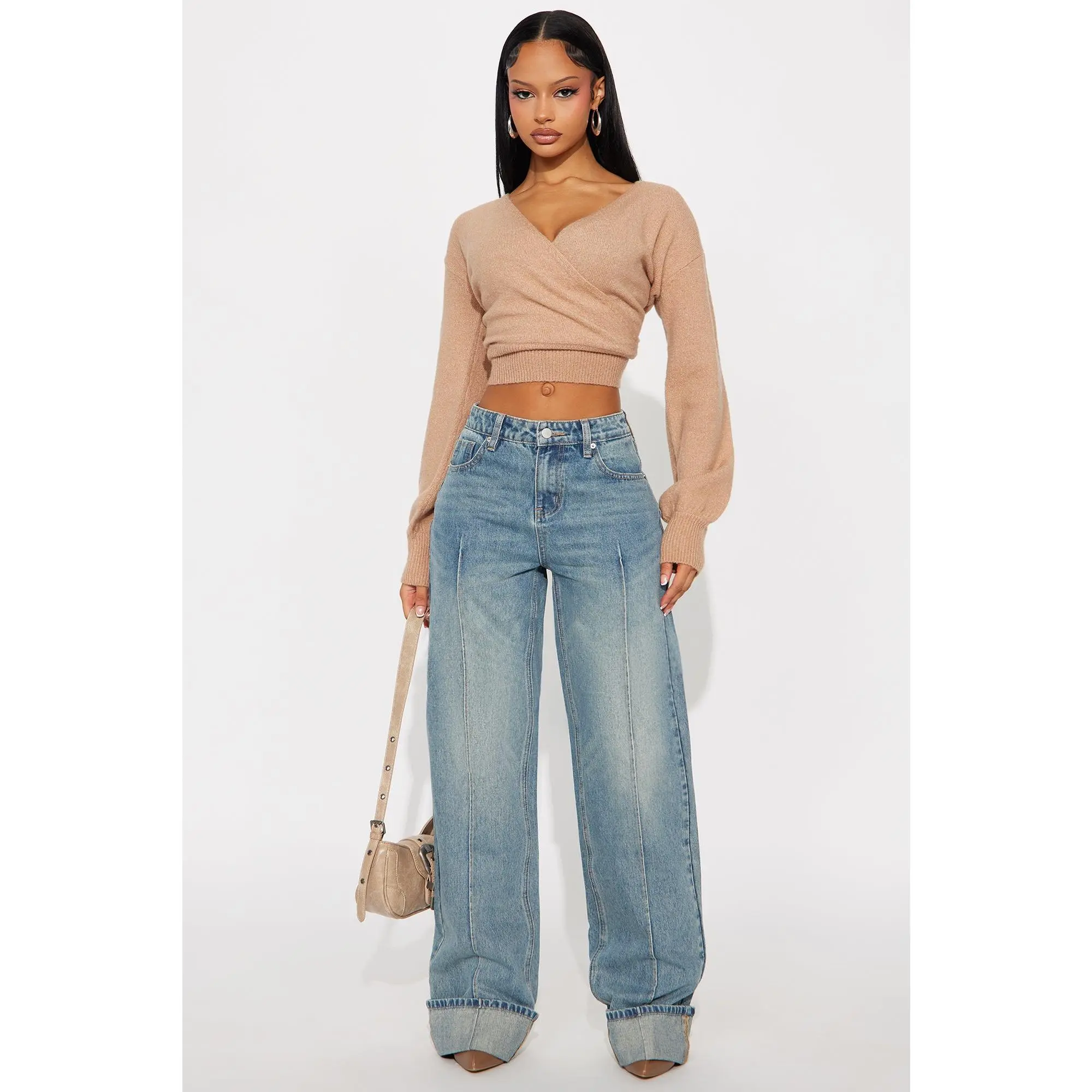 Tall En Route Cuffed Wide Leg Jeans - Medium Wash