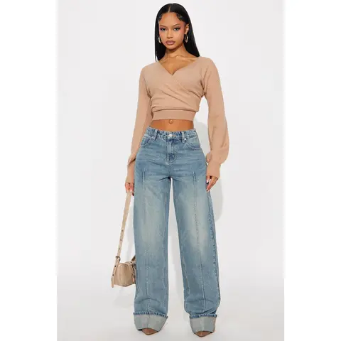 Tall En Route Cuffed Wide Leg Jeans - Medium Wash