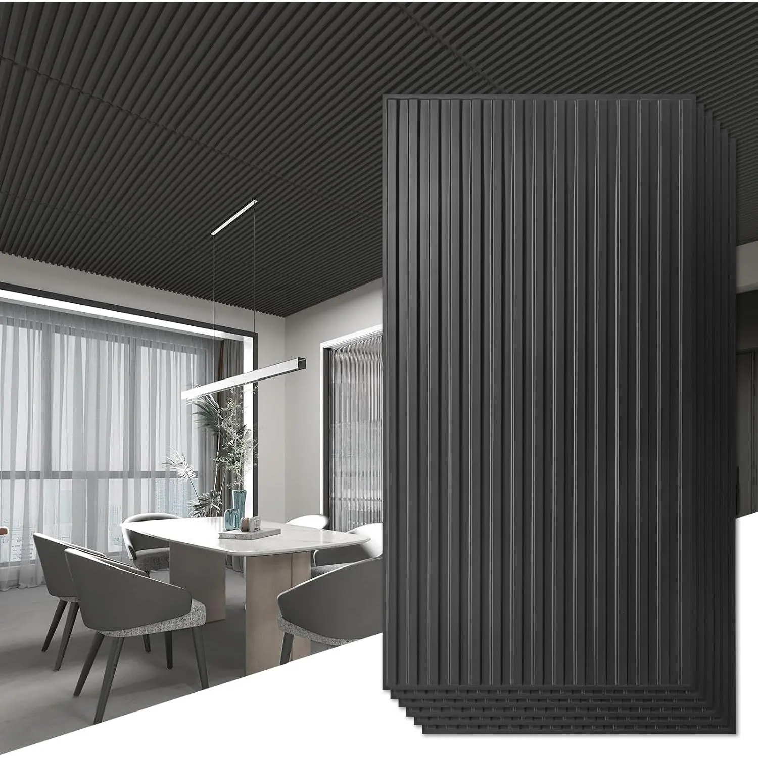6-Pack Slat Design 3D Wall Panels for Interior Wall Decor, 2x4 FT PVC Decorative Drop Ceiling Tiles - Black