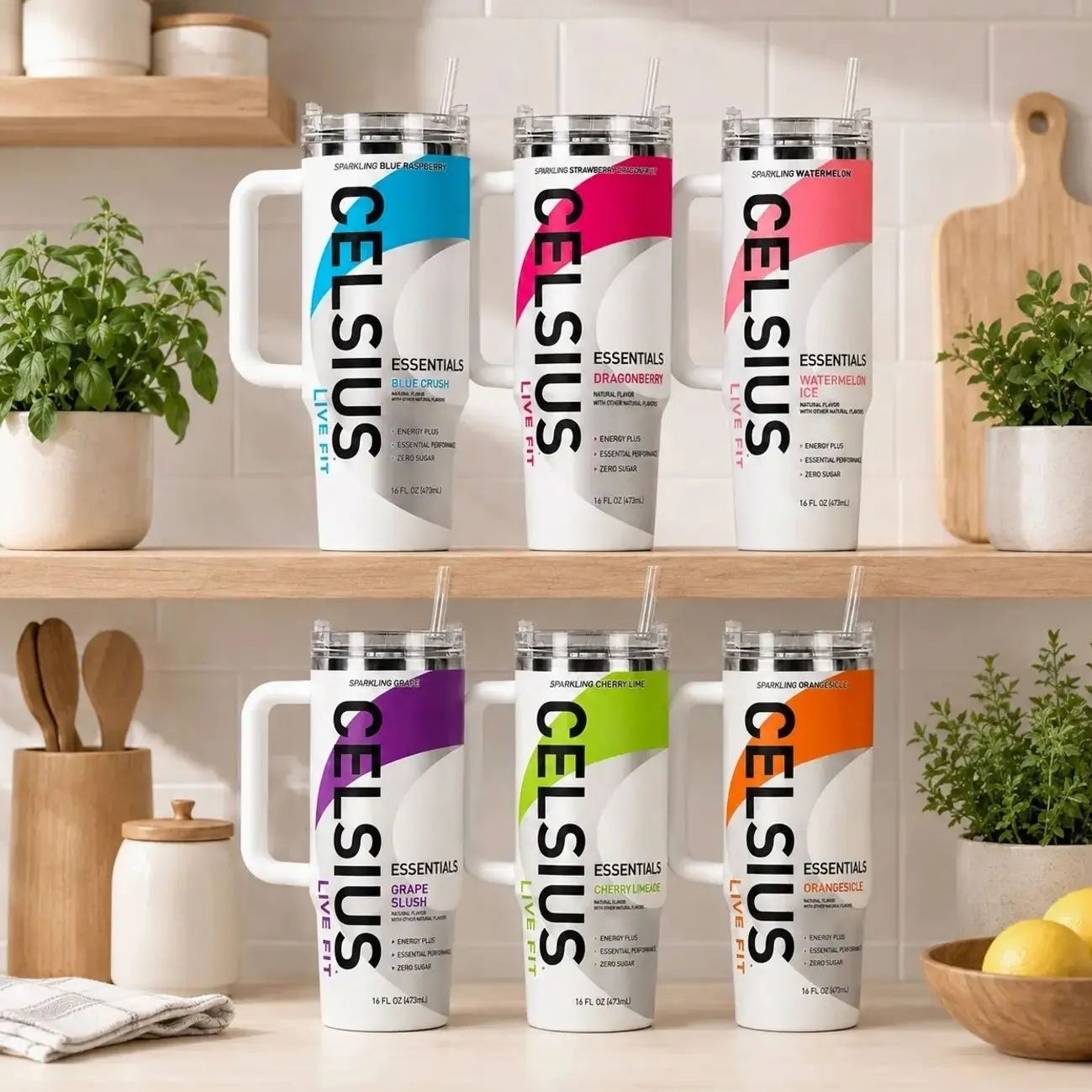 Celsius Energy Drink Inspired 40Oz Tumbler With Handle & Straw, Colorful Fitness Travel Cup, Insulated Stainless Steel Mug, Gym Workout Gift, Hydration Drinkware