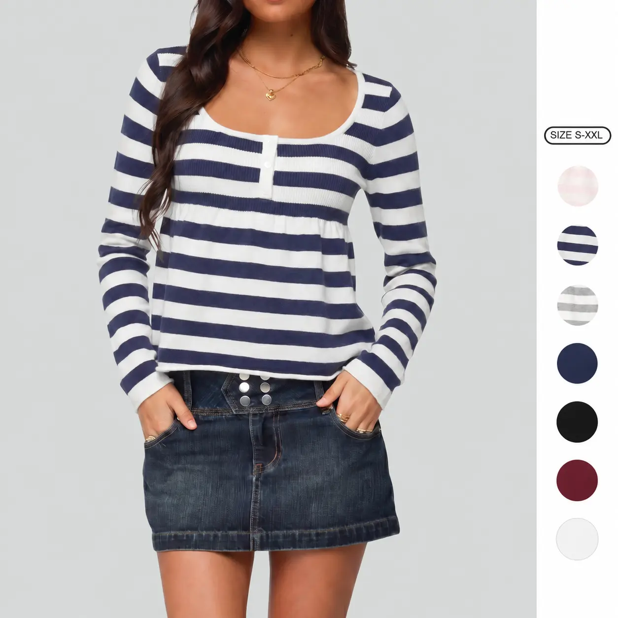 Imily Bela Women's Striped Ribbed Babydoll Knit Long Sleeve Y2K Top Henley Button Peplum Shirt