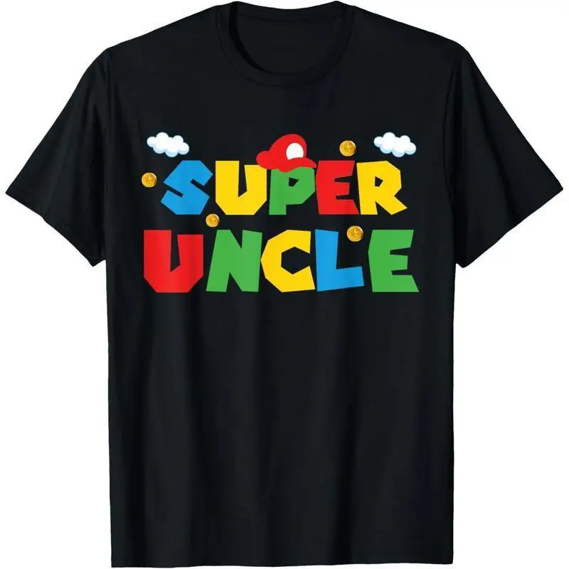 Super Uncle Mario Style Colorful Letter Red Mushroom Cloud Coin Graphic T-Shirt Funny Uncle Gift Video Game Lover Casual Tee For Men