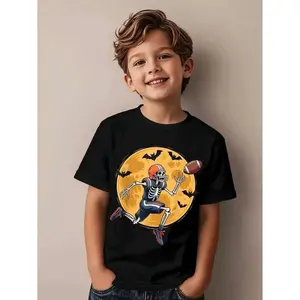 1pc Boys' Black Skeleton Football Player Halloween T-Shirt - Spooky Football Jersey Design with Bats & Goalpost, Short Sleeve Tee for Kids 3-13 Years, Machine Washable  Party Outfit
