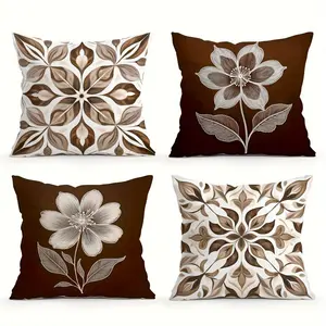 4pcs Retro Brown and White Floral Geometric Throw Pillow Covers Set,  Modern Decorative Couch Pads, Single-sided Printing Without Pillow Core