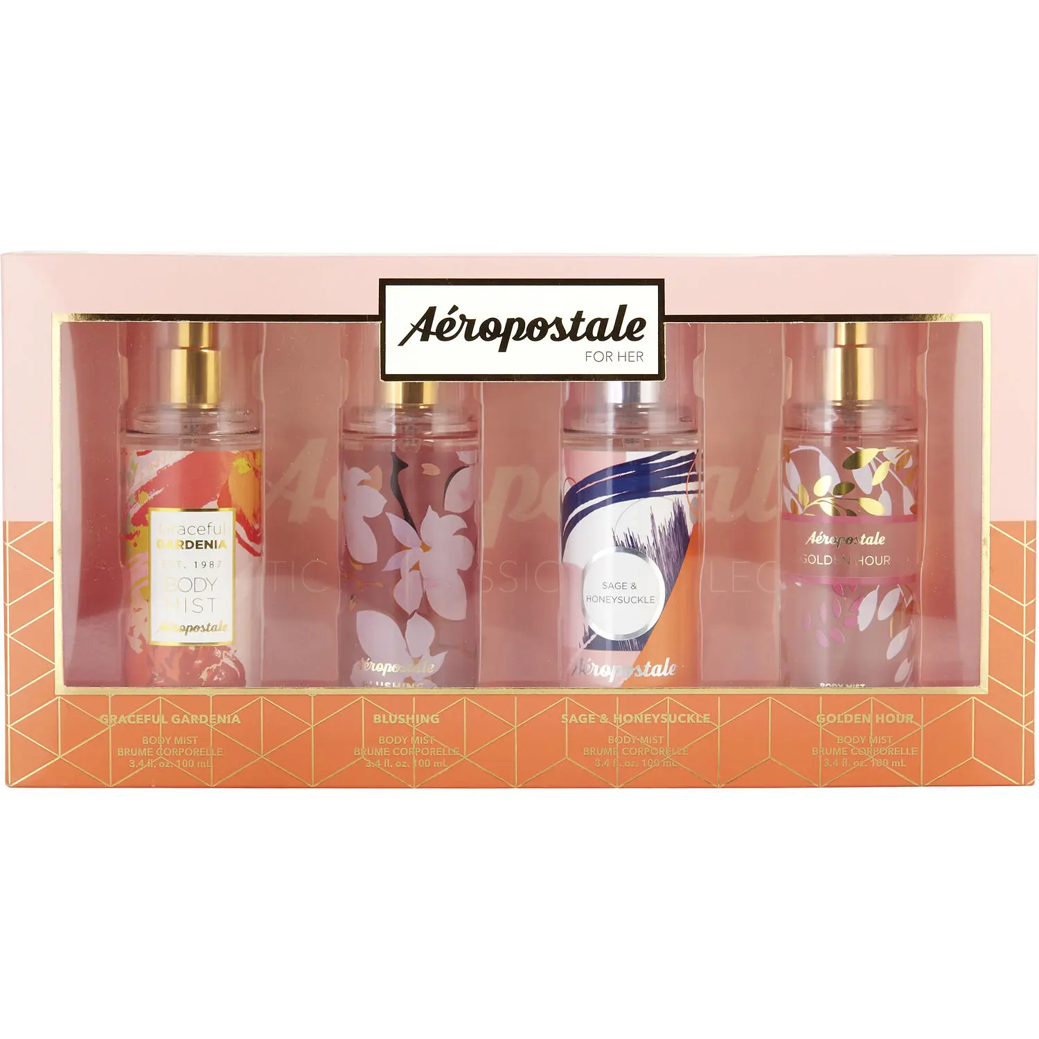 Aeropostale Variety Set-4 Piece Variety With Graceful Gardenia & Blushing & Sag Honeysuckle & Golden Hour And All Are Body Mist 3.4 Oz For Women