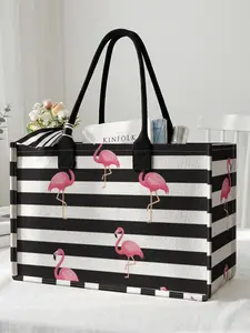 1 piece of flamingo stripe pattern 2D print large capacity storage bag, extra large storage bag, sturdy handle, space-saving multi-purpose, suitable for going to school, traveling, shopping use