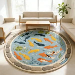 Creative Round Koi Fish Carpet for Living Romm, Soft Plush Rug for Living Room, Bedroom Bedside, Balcony, Study, Hotel Decoration