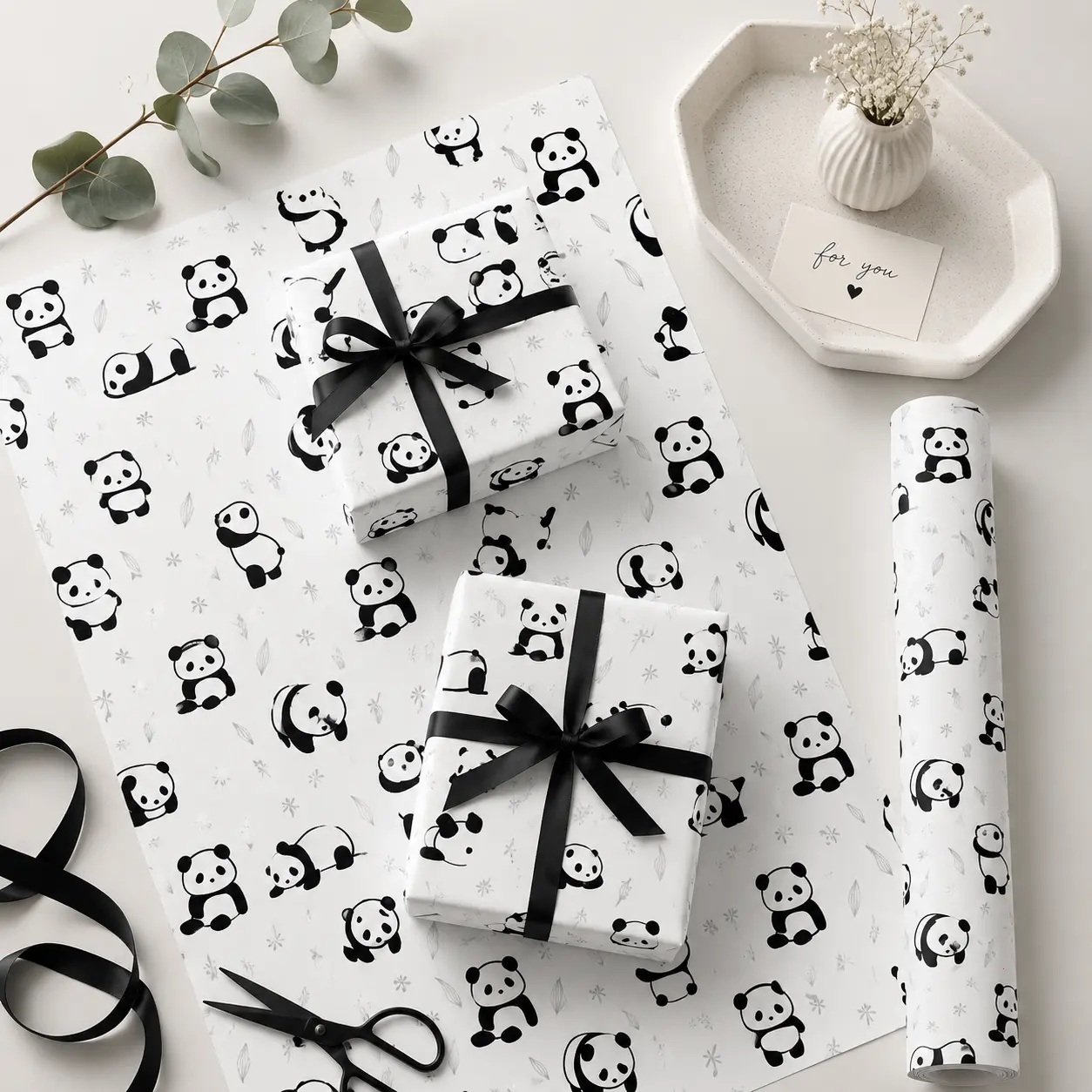 Minimalist Black and White Panda Gift Wrapping Paper Sheet - Cute Simple Animal Leaf Pattern Wrap for Birthday Craft