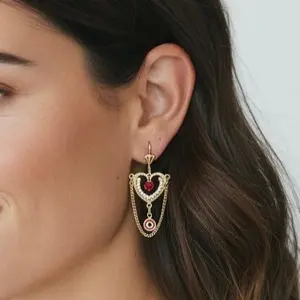 Evil Eye 14k Gold Plated Dangle Earrings with Heart and Chain Design for Women