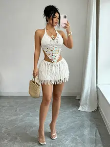 Women's Knit Sequin Fringe Two-Piece Set, Sleeveless Crop Top + Mini Skirt, Summer Casual Boho Style Comfortable Outfit, Perfect for Beach, Vacation, Party and Festival