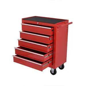 5-Drawer Red Tool Storage Cabinet with Handle 360° Swivel Caster & Brake Trolley for Garage Accessories Organizer