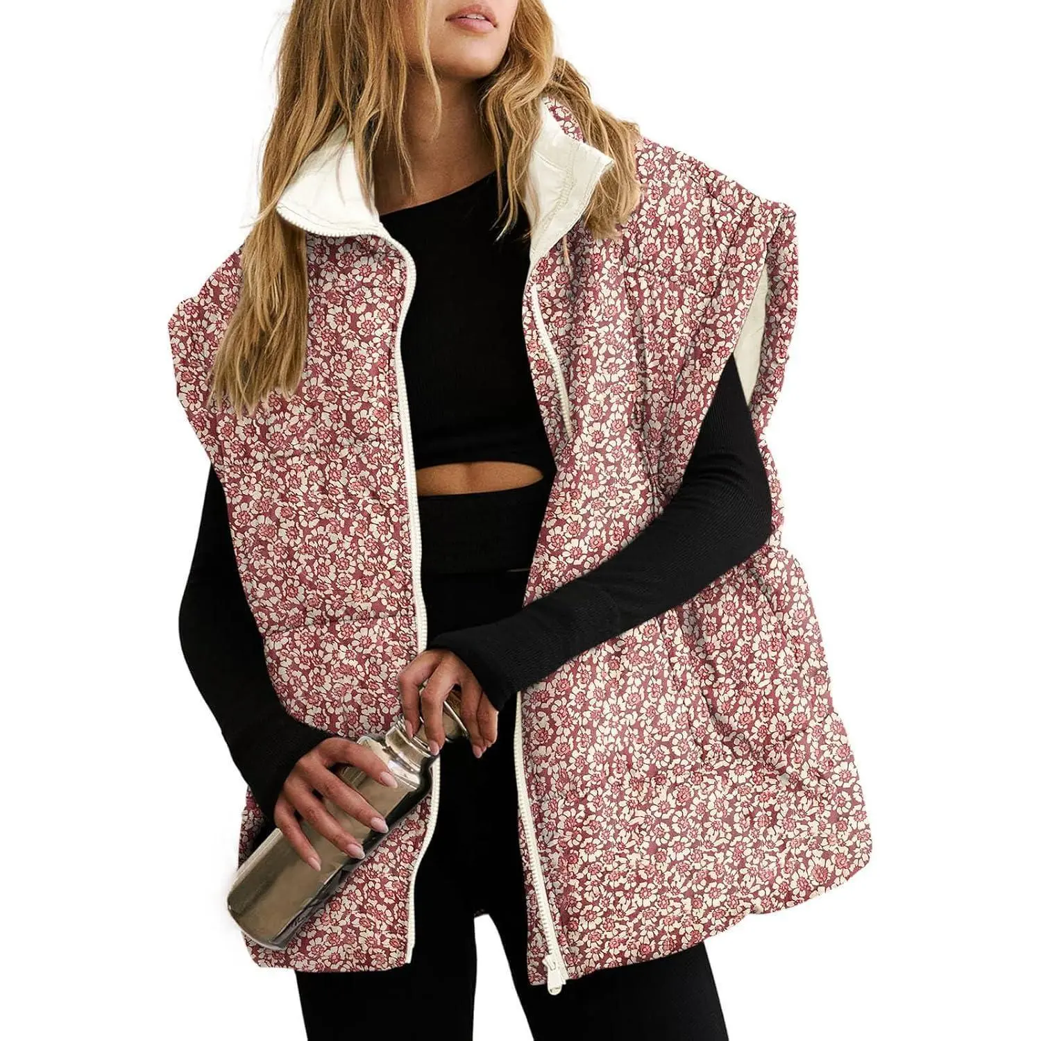Women's Floral Oversized Puffer Vest Cap Sleeve Winter Warm Puffy Quilted Jackets Coat Casual Fashionable Medium Length