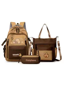 Cute Capybara Cartoon Print Backpack Set, Lightweight Durable School Bag, Large Capacity Student Three-Piece Set, Perfect New Year Gift
