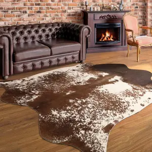 Exquisite Faux Fur Cowhide Rug,Low Pile Cow Hide Western Room Decor Rug for Living Room Bedroom, Non Slip Cute Cow Animal Print Floor Carpet for Kids Family, White and Brown home decor