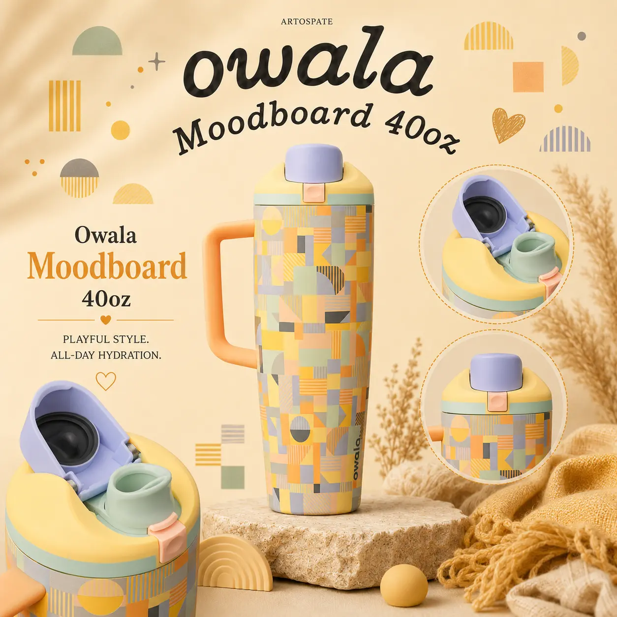 Owala Moodboard 40oz FreeSip Sway Tumbler with Handle | Leakproof Insulated Stainless Steel Cup for Work, Travel, Car Cup Holder & Daily Hydration