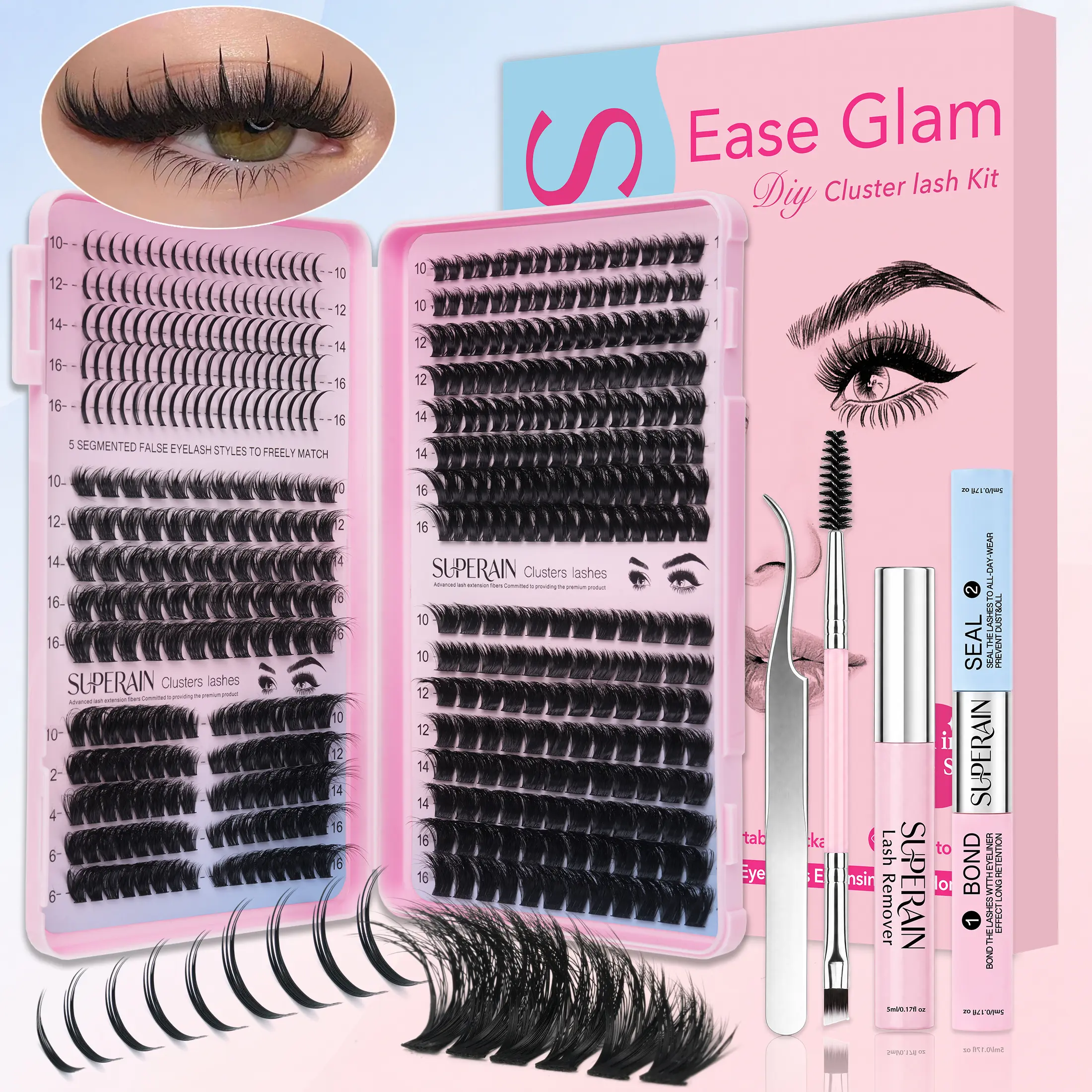 D Curl Individual Lash Clusters High Capacity , DIY Eyelash Extension Kit - Pointed Single Lashes, Manga Fairy Style, Natural Look Extra Thick Wispy Ultra False Eyelashes With Makeup Tools 2 Lash Brushes For Home Daily Party Wedding Travel naturales