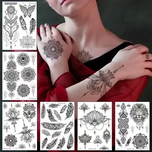 3 Pieces/Lot Unique Sexy Black Temporary Tattoo Stickers For Women Adults Feather Mandala Flower Body Art Large Big Arm Temp Tattoo Sheet Lace Indian Bridal Wedding Tatoo Dreamcatcher Paper OWL Water Proof Henna Stencils Henna Pen