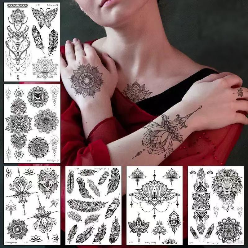 3 Pieces/Lot Unique Sexy Black Temporary Tattoo Stickers For Women Adults Feather Mandala Flower Body Art Large Big Arm Temp Tattoo Sheet Lace Indian Bridal Wedding Tatoo Dreamcatcher Paper OWL Water Proof Henna Stencils Henna Pen